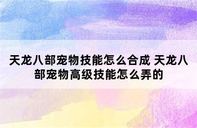 天龙八部宠物技能怎么合成 天龙八部宠物高级技能怎么弄的